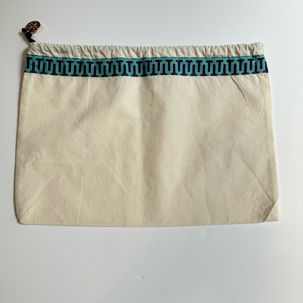 Tory Burch Canvas Drawstring Dust Bag 9x13.5 Blue Trim Gold Logo Charm Storage